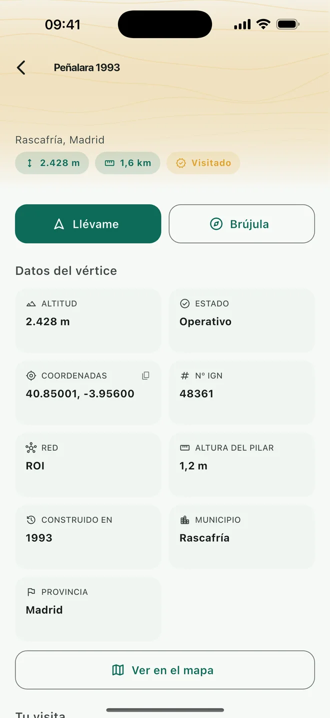 Ficha de Peñalara 1993: altitud 2.428 m, coordenadas, número IGN, red ROI, altura del pilar, año de construcción y municipio