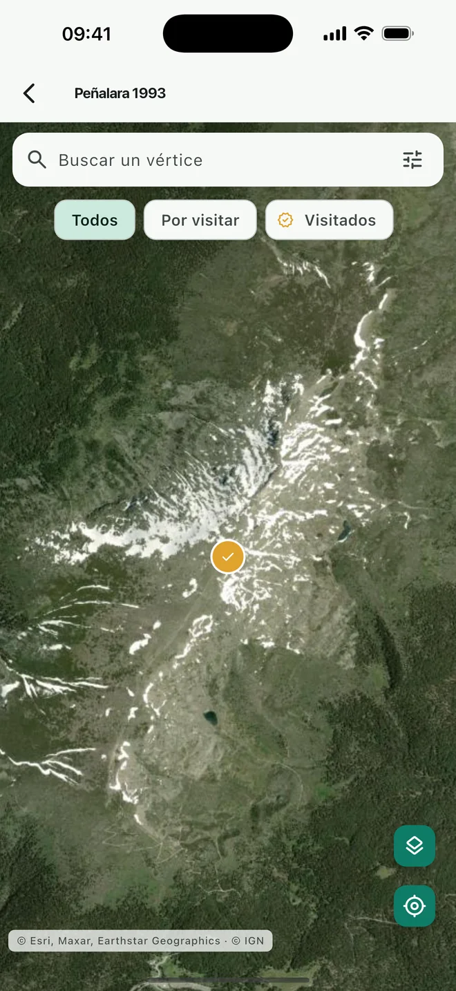 Vista de satélite de la cumbre de Peñalara con el vértice marcado en ámbar como visitado